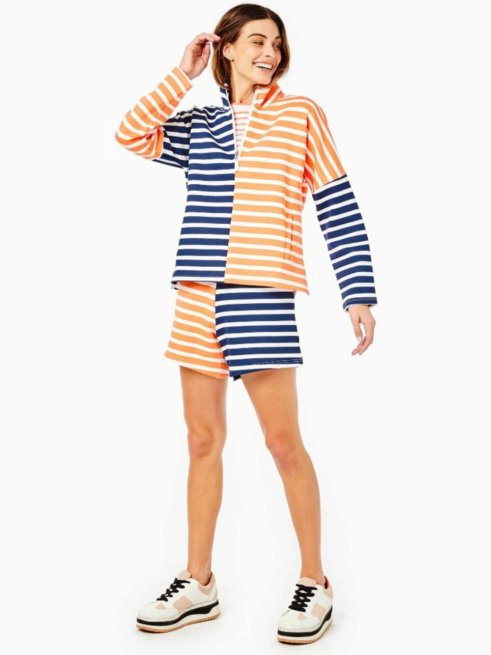 Addison Bay Delancey Striped Half Zip Pullover Size M Navy Orange Colorblock